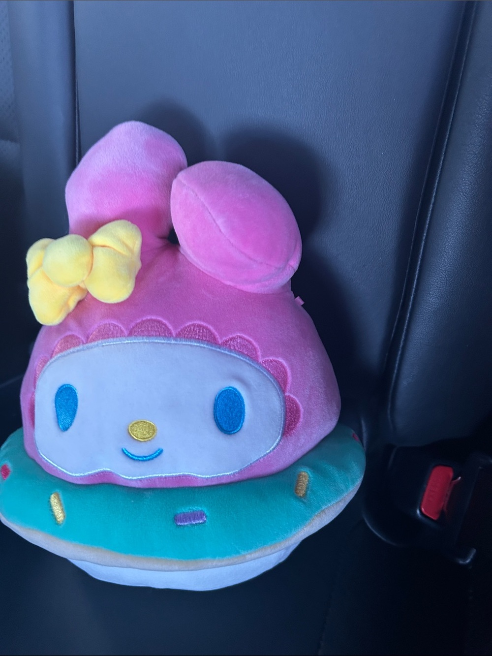 Squishmallows Pink My Melody Style Plush with Teal Donut and Yellow Bow